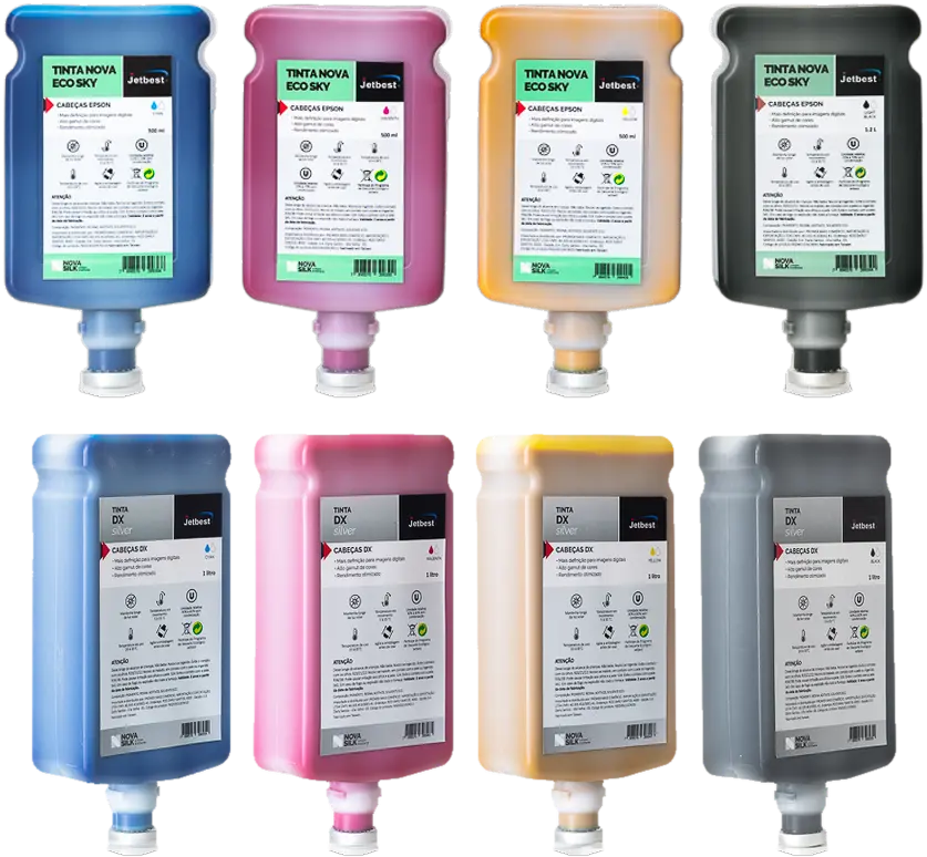 Tinta eco solvente Jetbest: seis garrafas Nova Eco Sky de 500 ml em cima e quatro garrafas DX Silver de 1 litro embaixo