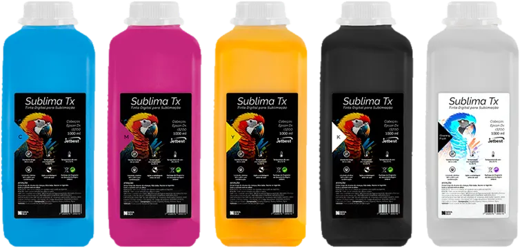 Tinta sublimática Jetbest Sublima TX: garrafas ciano, magenta, amarelo e preto de 1 litro e o fluido de limpeza